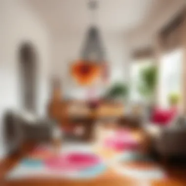 Colorful abstract rug in a chic dining area adding flair to the ambiance