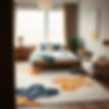 Abstract Rug Enhancing Minimalist Bedroom Stylish abstract rug complementing minimalist decor in a cozy bedroom