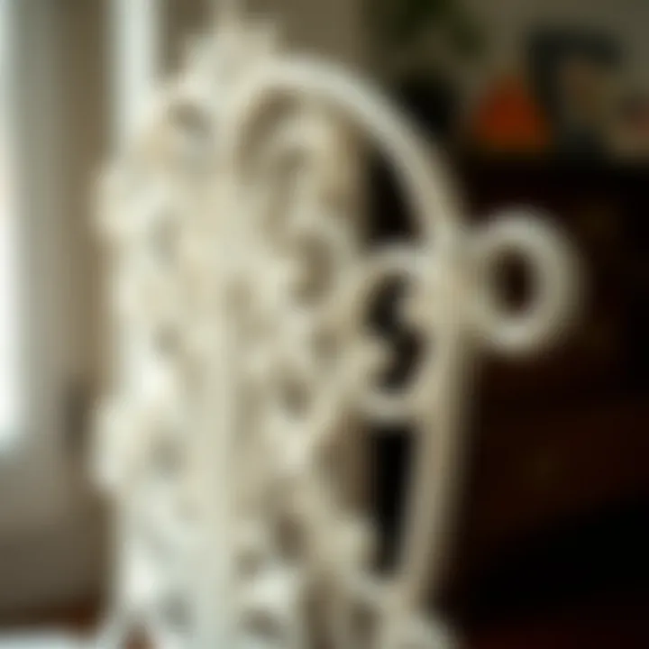 Close-up detail of intricate craftsmanship on wrought iron chair.