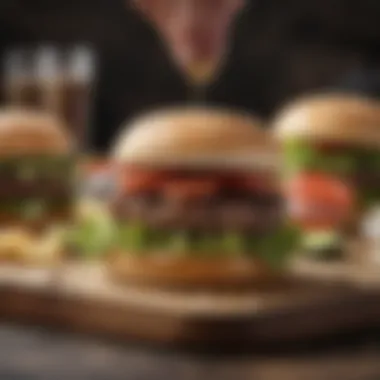 Close-up of a gourmet burger being assembled with fresh ingredients