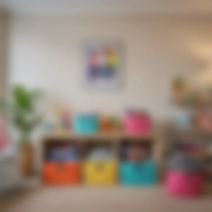 Colorful cloth storage bins in a children's playroom