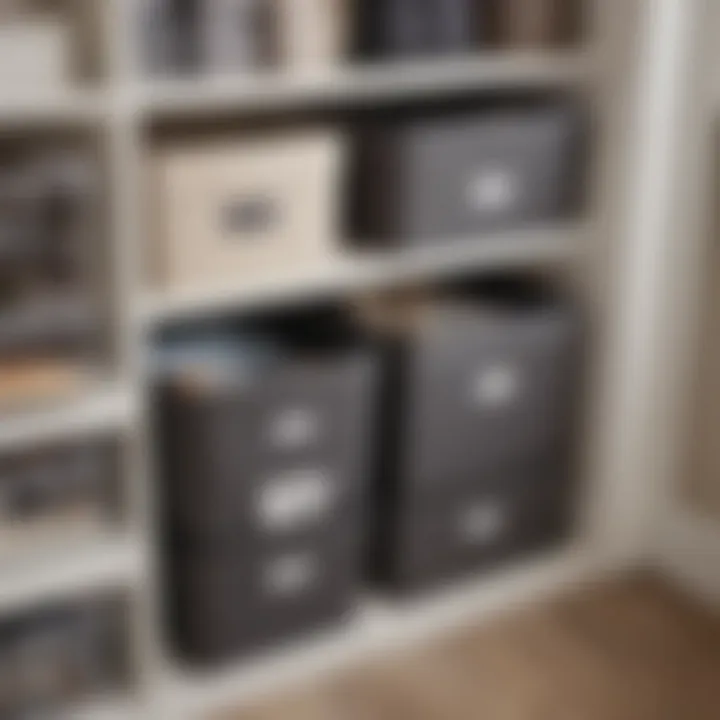 Organized closet with labeled cloth storage bins