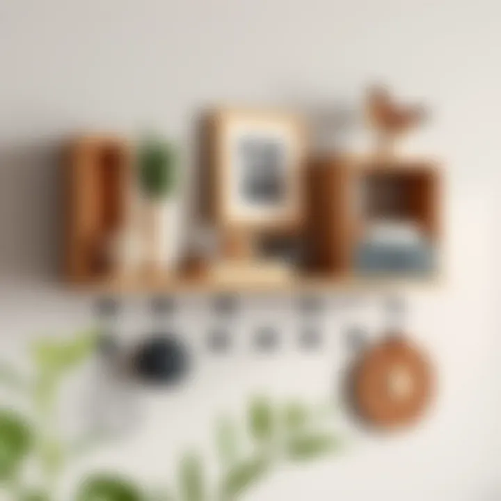 Modern wall shelf with hooks adorned with decorative items
