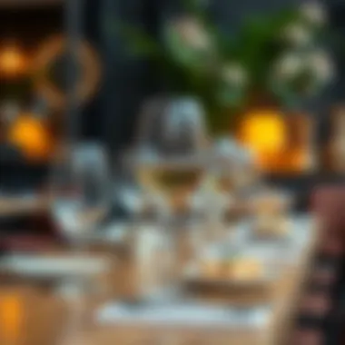 A beautifully arranged cafe table featuring wine glasses and decor