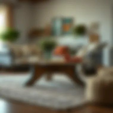 Rustic wooden coffee table legs enhancing a cozy living room.