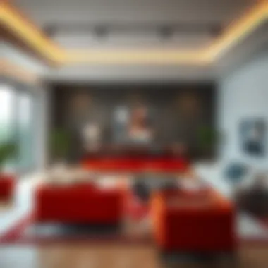 Stunning modern living room showcasing sleek furniture and bold colors