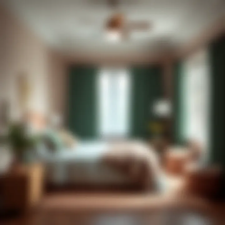 A cozy bedroom with beautifully styled green curtains