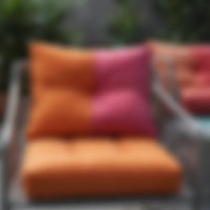 Close-up of a modern metal lounge chair with vibrant cushions