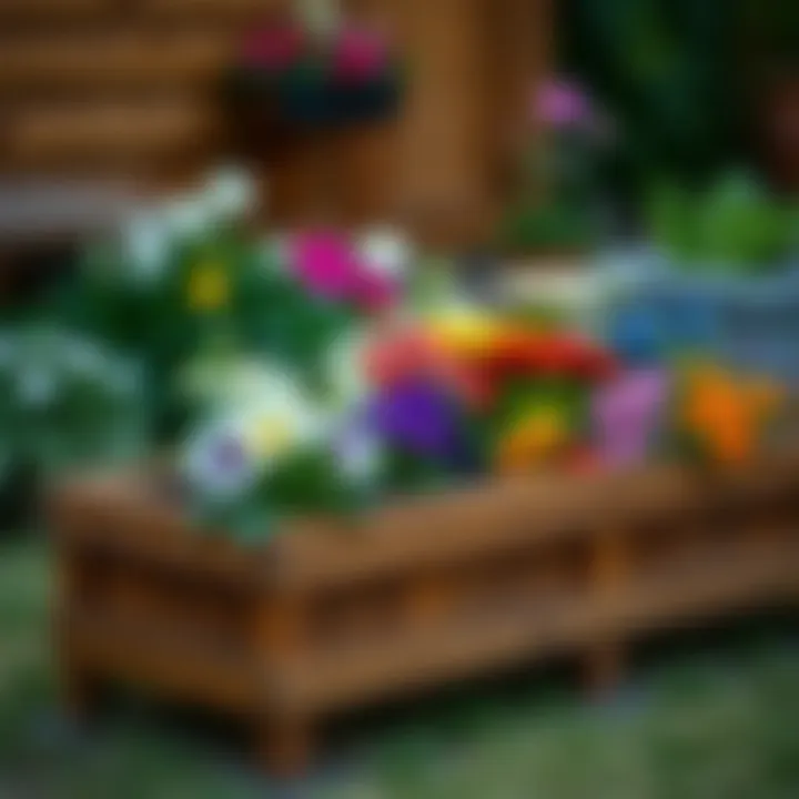 Artfully designed wooden raised flower bed with vibrant flowers