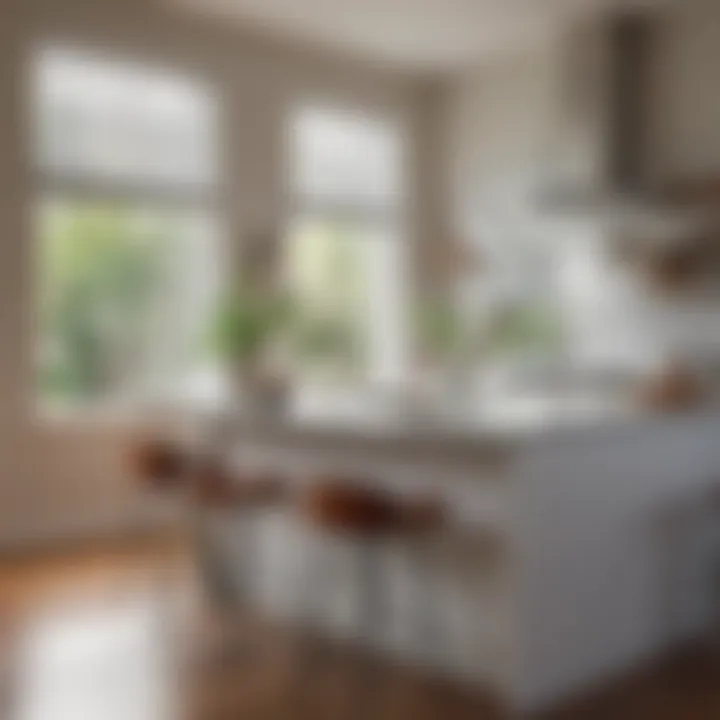 Bright kitchen featuring reflective window shades enhancing natural light