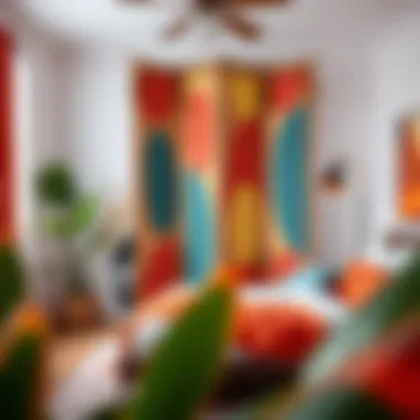 A colorful decorative room divider adding flair to a vibrant bedroom