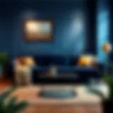 Elegant navy sofa in a contemporary living room setting