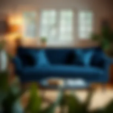 Stylish navy sofa in a cozy indoor environment Stylish navy sofa enhancing a cozy indoor environment