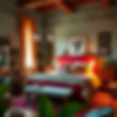 A vibrant bedroom designed with eclectic accessories and rich textures