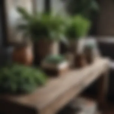 A narrow rustic sofa table adorned with decorative items and plants