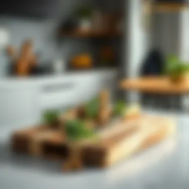 A chic kitchen setting featuring a block cutting board with fresh herbs and spices