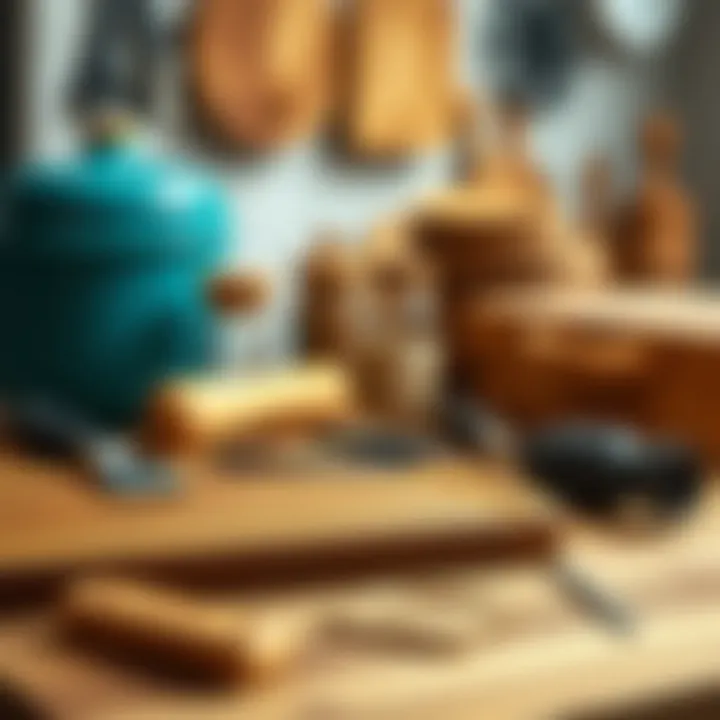 Detailed view of maintenance tools beside a well-used block cutting board