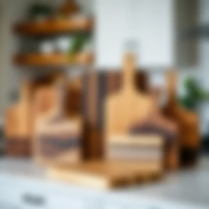Multiple block cutting boards of various materials displayed elegantly on a kitchen countertop