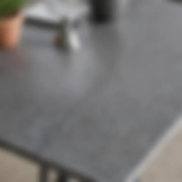 Close-up view of the texture and material of a gray patio table