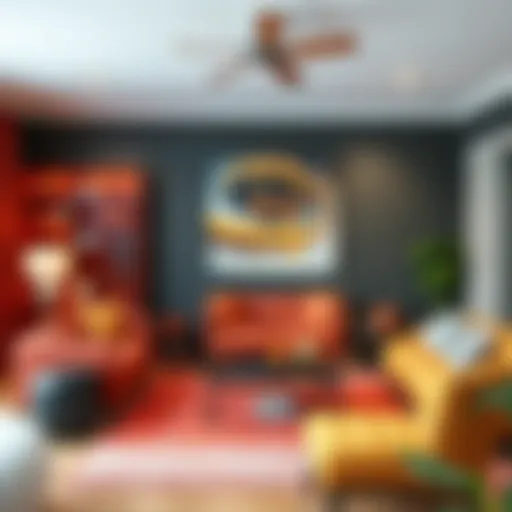 Contemporary living room featuring bold color accents