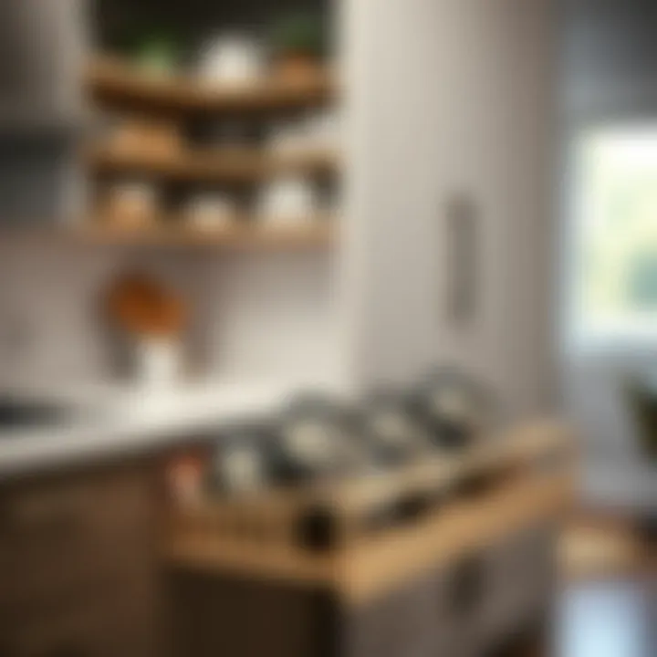 Close-up of a fully organized kitchen cabinet with pot lid organizer