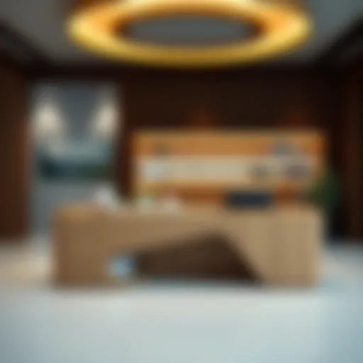 Sleek wooden receptionist desk with integrated technology