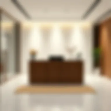 Modern minimalist reception area featuring a glass desk