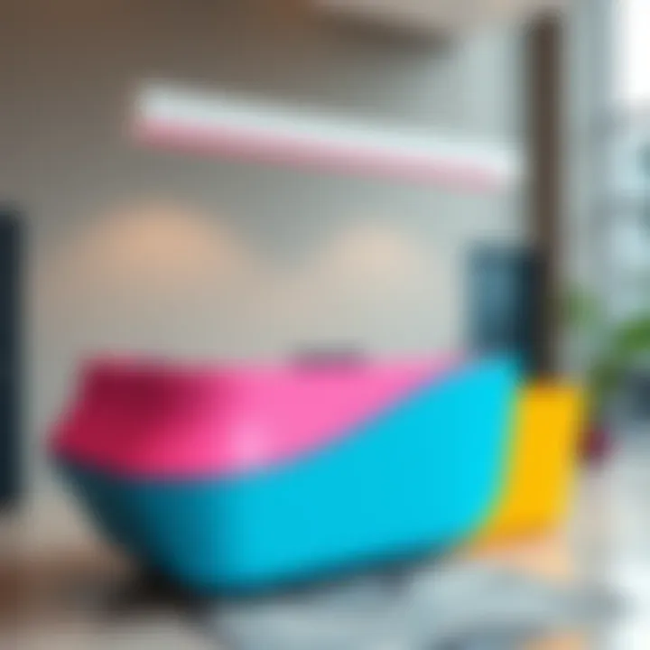 Stylish reception desk with vibrant colors and unique shape