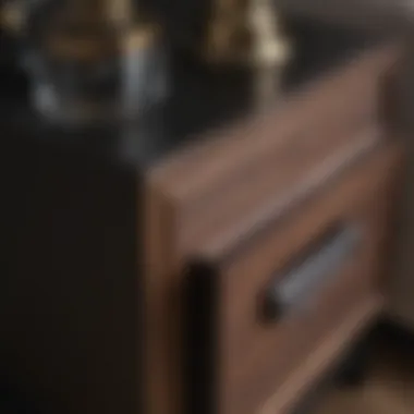 Close-up of materials used in black and brown bedside table finishes