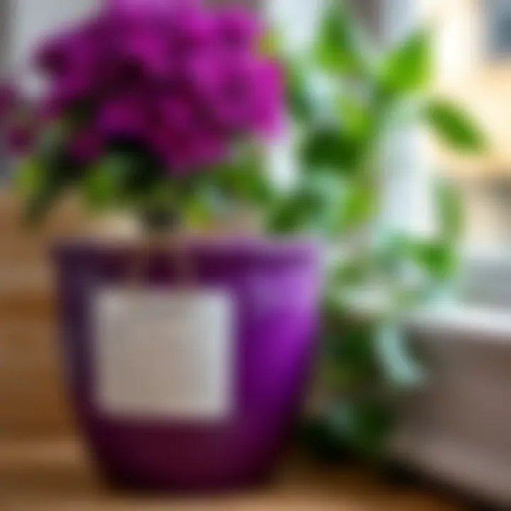 Close-up of purple planter with care instructions