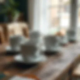 A collection of white coffee cups on a rustic wooden table showcasing their aesthetic appeal