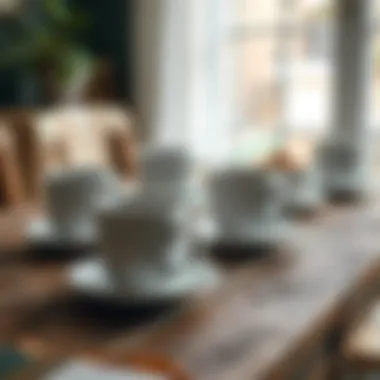 A collection of white coffee cups on a rustic wooden table showcasing their aesthetic appeal