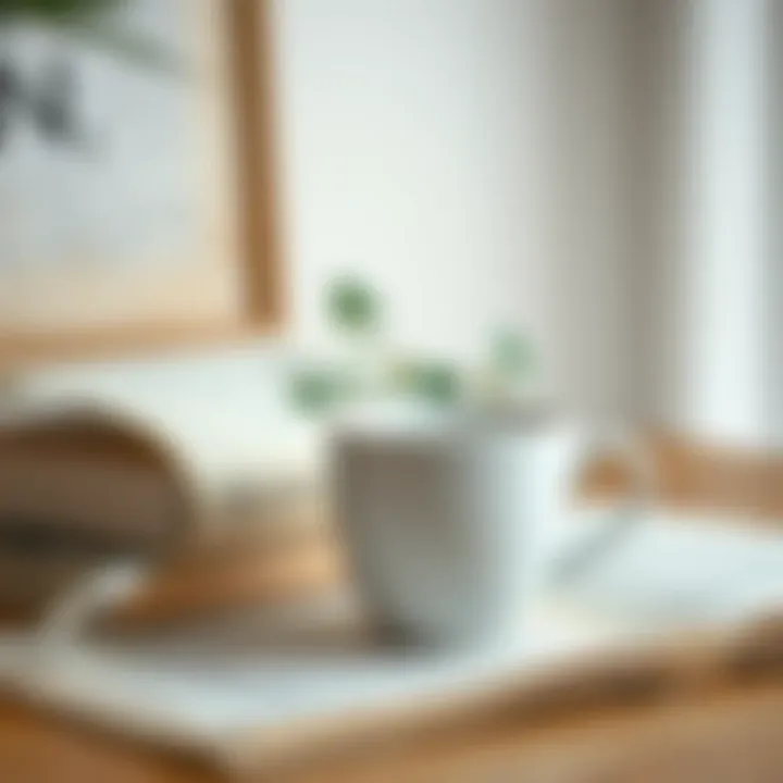 An elegant white coffee cup beside a vintage book and a small plant to highlight interior design synergy