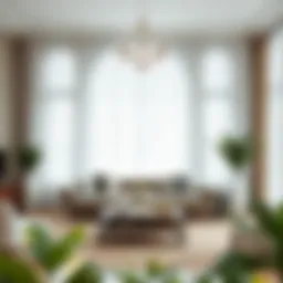 Elegant living room featuring white curtains enhancing natural light