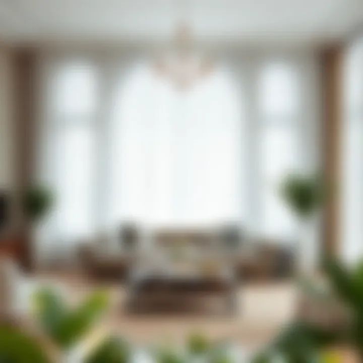 Elegant living room featuring white curtains enhancing natural light