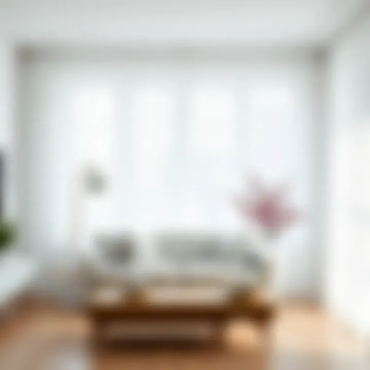 Minimalist interior with white curtains complementing modern decor